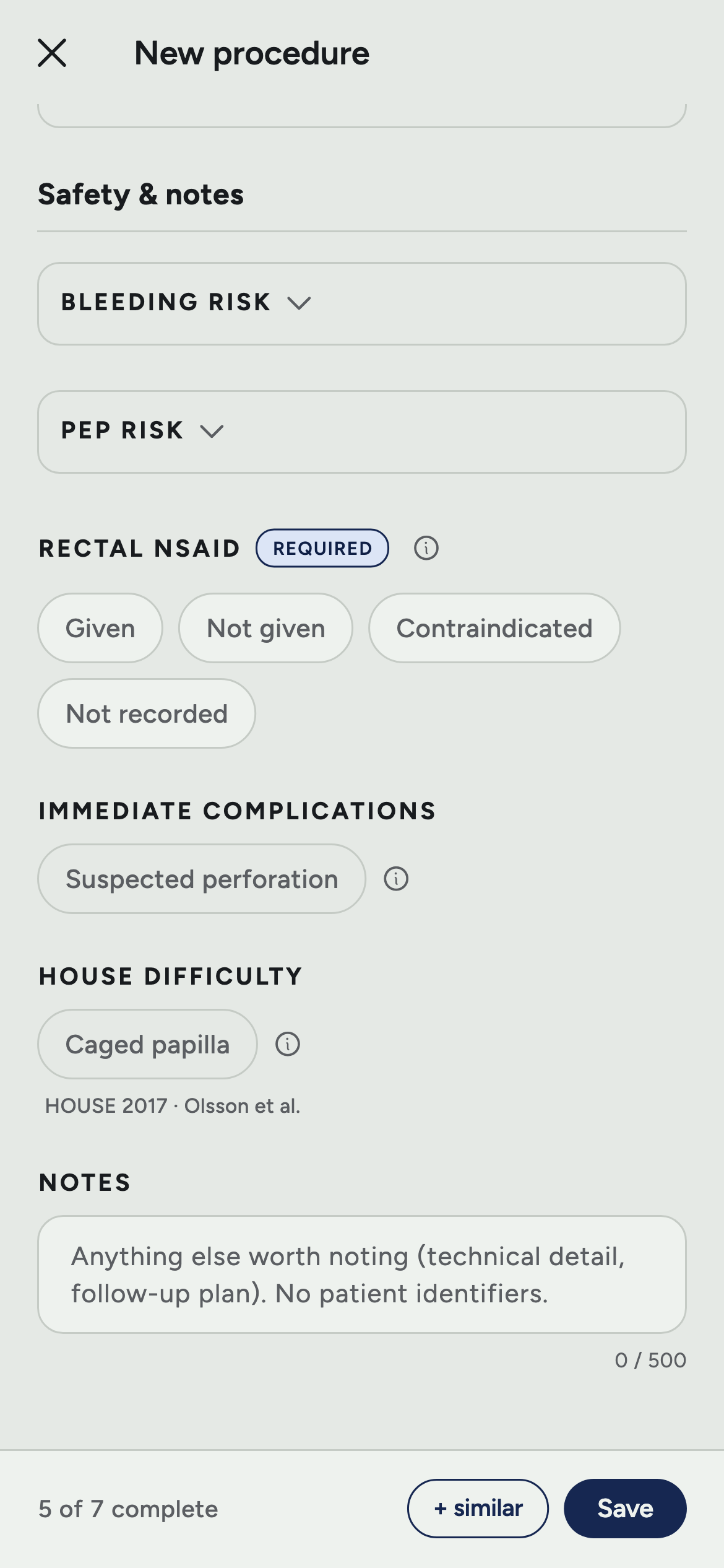 The foot of the same form: bleeding risk, PEP risk, the rectal NSAID row still marked required, immediate complications, house difficulty and notes, above the save bar with its plus similar and Save buttons.
