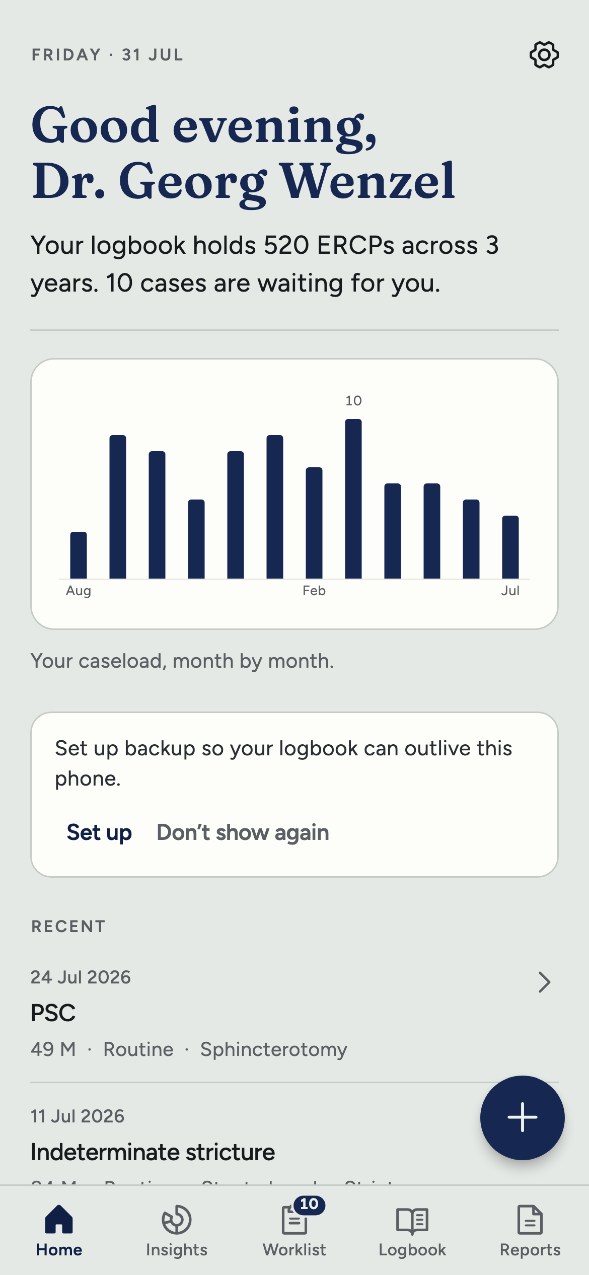 Home: good evening, Dr. Georg Wenzel. Your logbook holds 520 ERCPs across 3 years; 10 cases are waiting for you. Below it the caseload month by month, a card offering to set up backup, and the most recent cases.