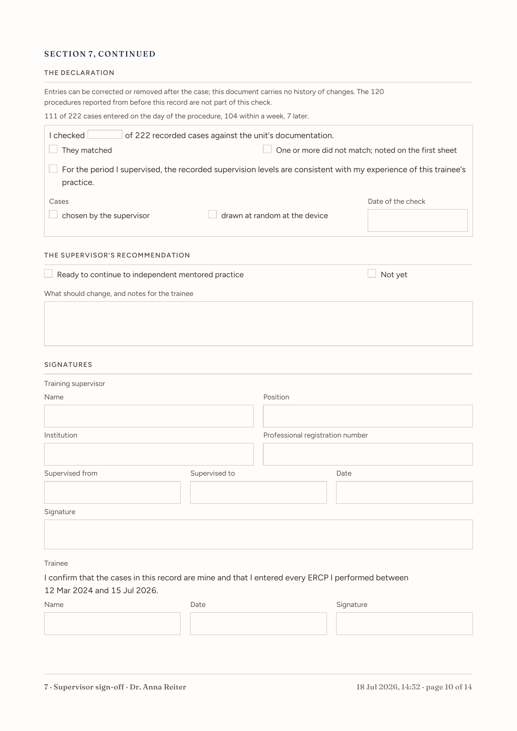 The dossier's supervisor sign-off sheet: the declaration, the trainee's block and the supervisor's block, each with a name, a signature line and a date.