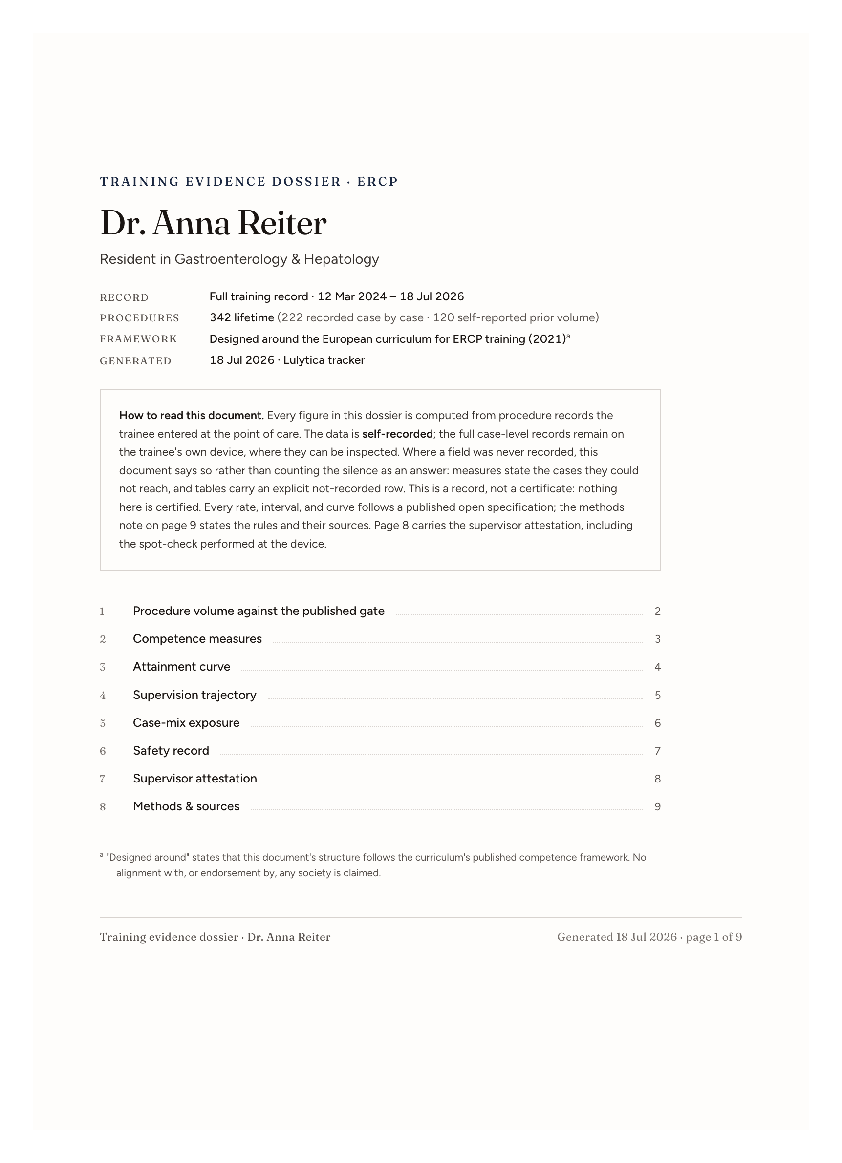 The training evidence dossier cover page, listing eight sections from procedure volume to methods and sources.
