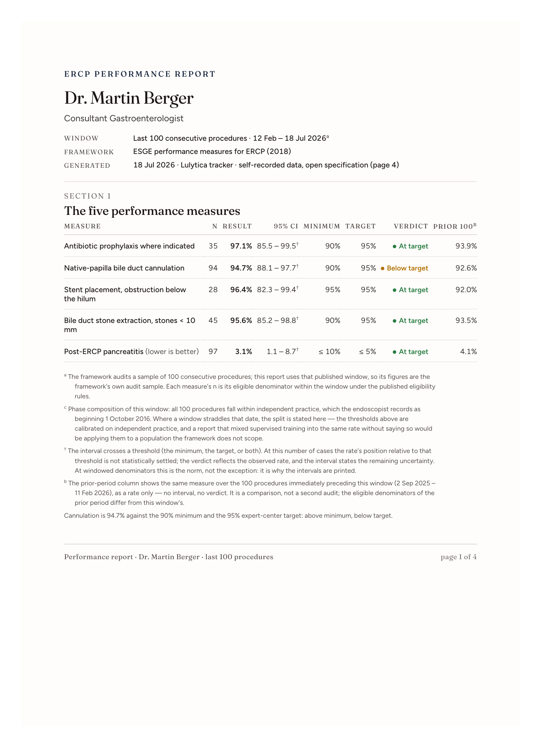 The performance report, showing the five performance measures with their denominators and confidence intervals.