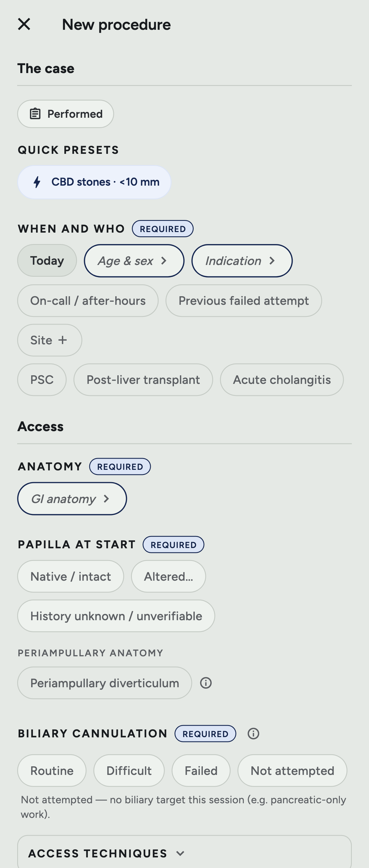 The procedure entry screen: quick presets, the when-and-who chips, papilla history, biliary cannulation and the treatment section, all answered by tapping chips.